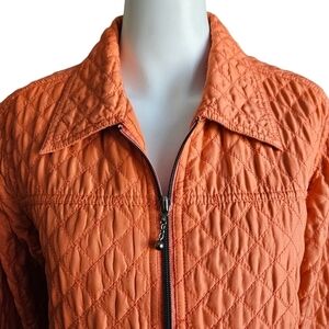 debra deRoo Women's Jacket Small Orange 100% Silk Quilted Zip Jacket Gray Lining